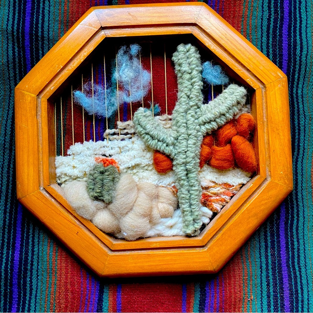 VTG Artisan Made Mohair weaving Finer Art. Desert Cactus scene. Yarn Art. 3D.